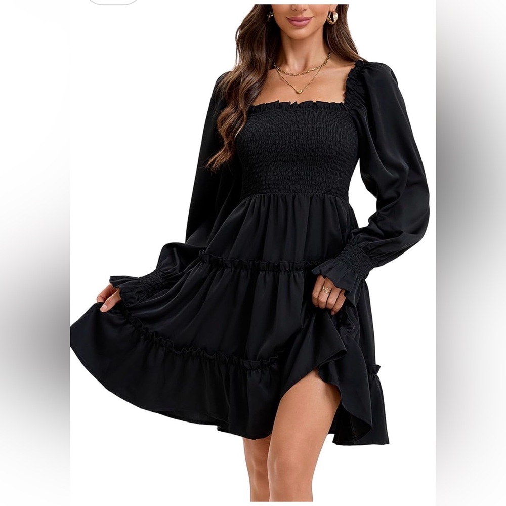 Black Smocked Bodice Tiered Long Sleeve Dress! Brand New!